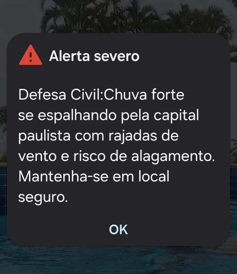 Defesa Civil dispara Alerta de Emergência nos celulares de São Paulo