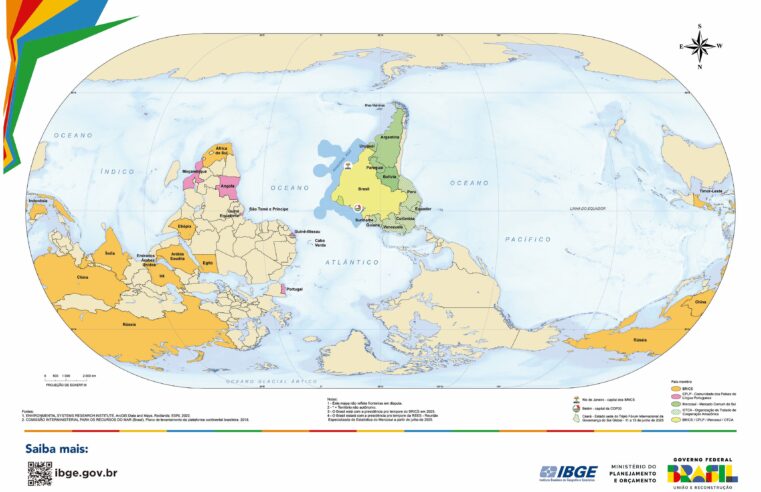 IBGE lança mapa-múndi invertido e com Brasil no centro do mundo; entenda