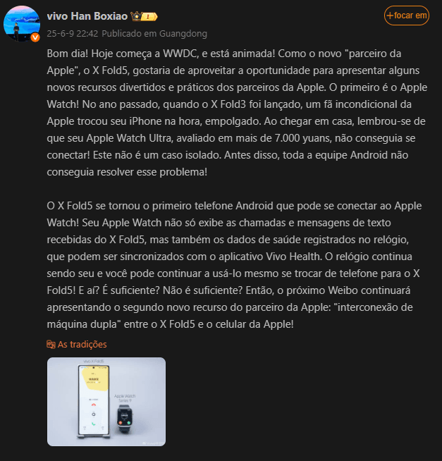 Celular dobrável de marca chinesa promete ser o primeiro a ter compatibilidade com Apple Watch